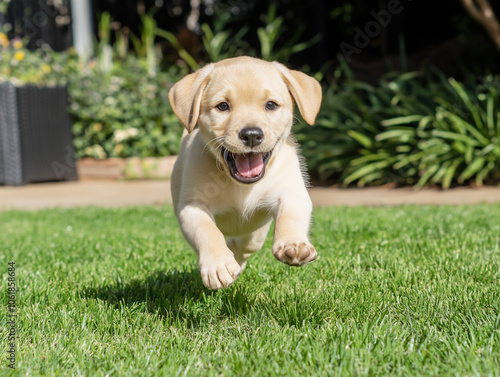 A playful puppy joyfully running on a lush green lawn in a sunny backyard, capturing the essence of carefree happiness and energy.