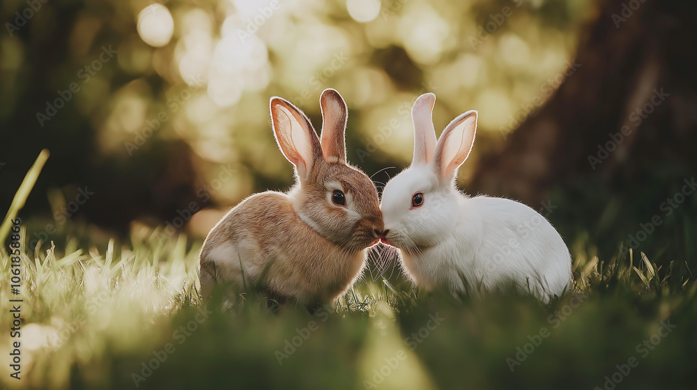 Two rabbits sitting side by side in a meadow, surrounded by soft grass and bathed in warm, golden light of a late afternoon. Two rabbits sitting side by side in a meadow, surrounded by soft grass and bathed in warm, golden light of a late afternoon.