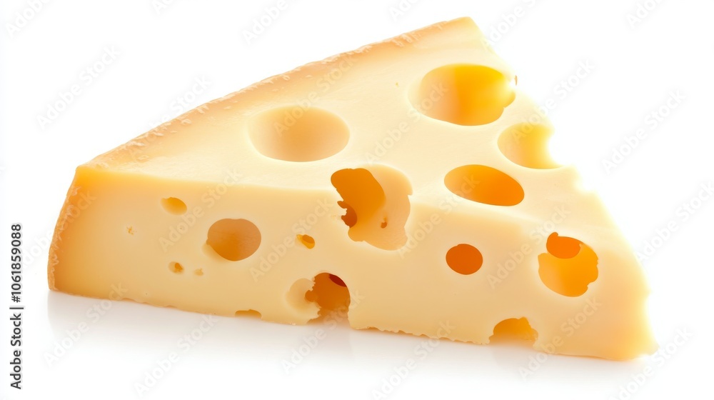 close-up of a piece of cheese with holes. Emmental cheese triangle, Swiss cheese, isolated on white background. High resolution image close-up of a piece of cheese with holes. Emmental cheese triangle, Swiss cheese, isolated on white background. High resolution image