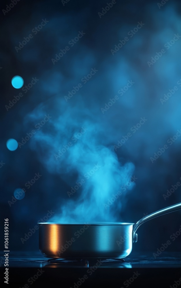 A silver pot emits steam against a soft-focus blue background, creating a serene and atmospheric culinary scene. A silver pot emits steam against a soft-focus blue background, creating a serene and atmospheric culinary scene.