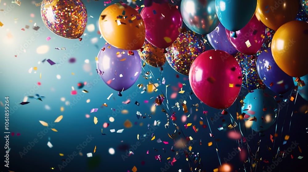 Colorful balloons and confetti in festive celebration Colorful balloons and confetti in festive celebration