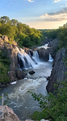 A serene view of cascading waterfalls along the Potomac River at sunset, surrounded by lush greenery and rocky cliffs