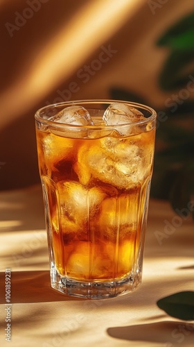 Iced Tea in a Glass with Ice Cubes on a Tan Surface