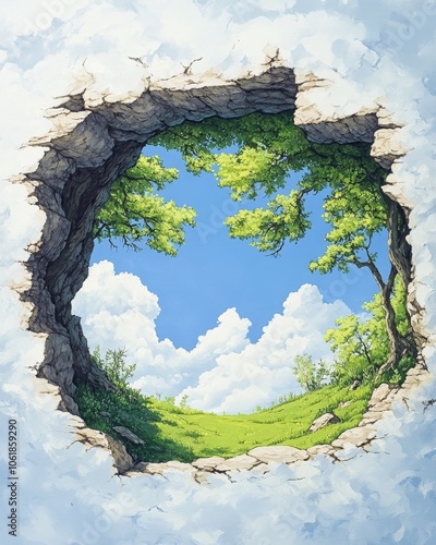 A vibrant hole in rocky clouds reveals a serene landscape with lush green trees and a bright blue sky, evoking tranquility and natural beauty.