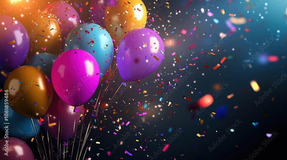 Colorful balloons with glittering confetti in festive celebratio Colorful balloons with glittering confetti in festive celebratio