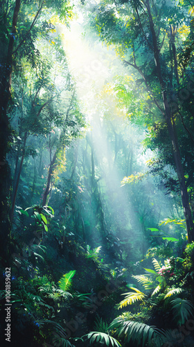 Lush rainforest canopy illuminated by sun rays through misty atmosphere, creating a serene, wild jungle scene with vibrant green foliage