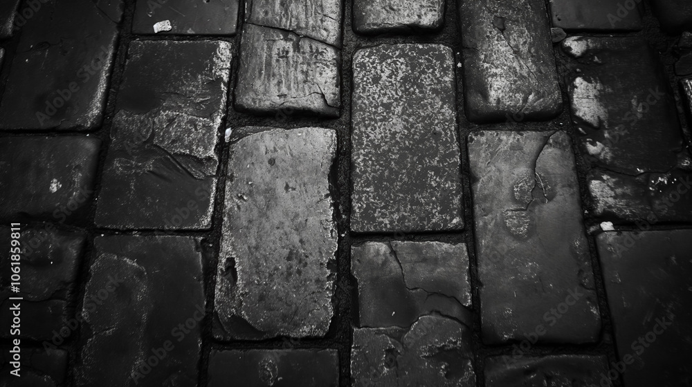 Moody cobblestone path close-up with weathered textures in black and white Moody cobblestone path close-up with weathered textures in black and white