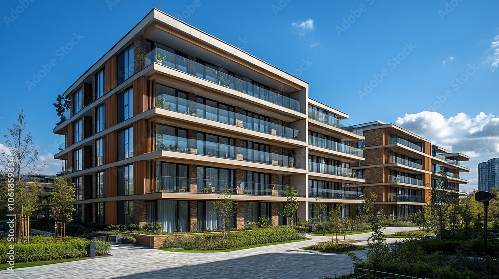 Modern apartment building with balconies and green landscaping. Modern apartment building with balconies and green landscaping.