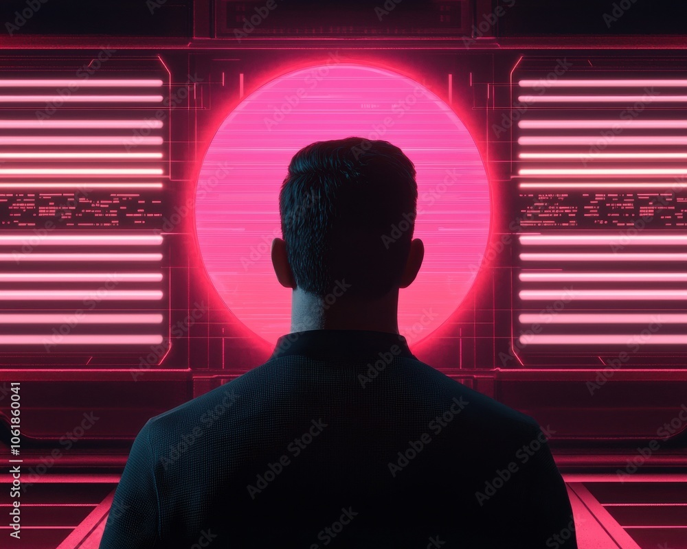 A silhouette of a person stands before a vibrant pink sphere, surrounded by neon lights and futuristic digital patterns, evoking a sense of mystery and technology. A silhouette of a person stands before a vibrant pink sphere, surrounded by neon lights and futuristic digital patterns, evoking a sense of mystery and technology.