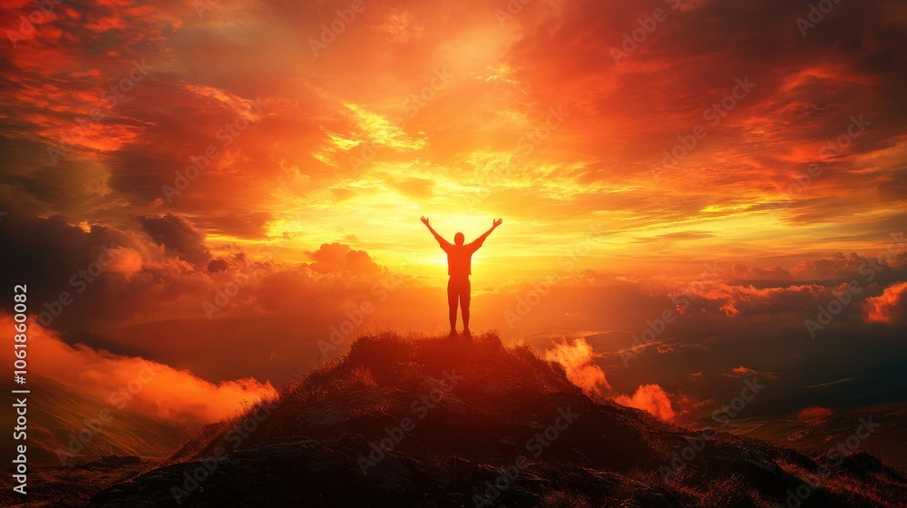A person stands triumphantly on a hilltop with arms raised towards the vibrant sunset sky filled with orange and purple hues A person stands triumphantly on a hilltop with arms raised towards the vibrant sunset sky filled with orange and purple hues