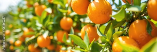 Close-up image of a vibrant ripe orange hanging on a tree with a shallow depth of field, nutrition, natural, shallow depth of field