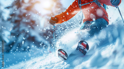 Freeride skiing. skier jumping against blue sky. Thrilling downhill skiing adventure in snowy mountains	 photo