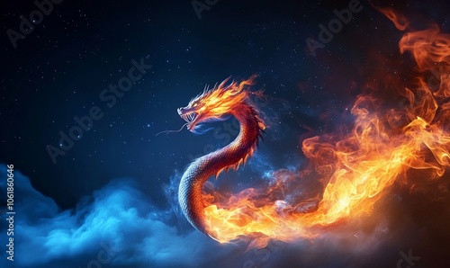 Fiery dragon with smoke and stars in the night sky.