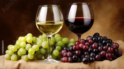 Two elegant glasses of wine placed beside a fresh bunch of grapes