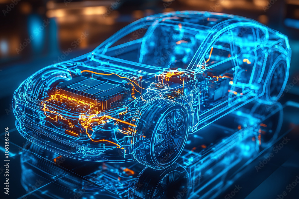 Transparent visible battery and components blue wireframe of a modern electric car with lithium battery pack.
Transparent visible battery and components blue wireframe of a modern electric car with lithium battery pack.