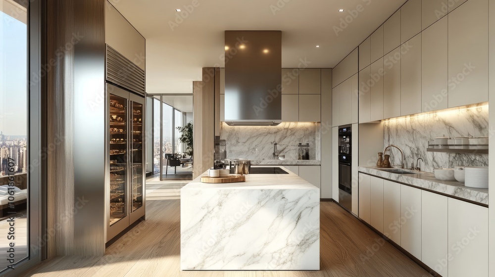 Bright luxury kitchen with white marble island, spacious cabinets, stainless steel fridge, and fine kitchenware arranged neatly. Perfect blend of style and functionality. Bright luxury kitchen with white marble island, spacious cabinets, stainless steel fridge, and fine kitchenware arranged neatly. Perfect blend of style and functionality.