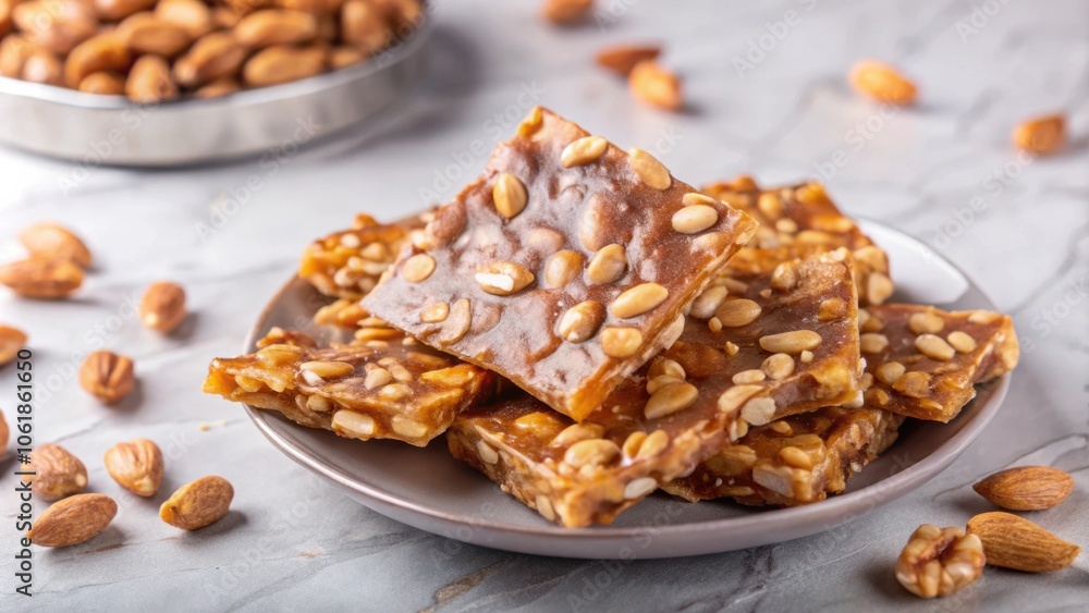 A close-up of a plate of almond brittle, the sweet and crunchy treat is surrounded by scattered almonds, showcasing the delicious and satisfying nature of this simple yet decadent snack. A close-up of a plate of almond brittle, the sweet and crunchy treat is surrounded by scattered almonds, showcasing the delicious and satisfying nature of this simple yet decadent snack.