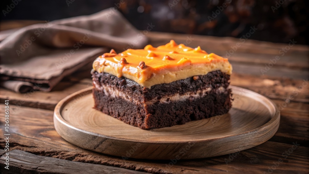 A slice of chocolate cake topped with a smooth orange glaze, resting on a wooden plate and a rustic wooden table. A slice of chocolate cake topped with a smooth orange glaze, resting on a wooden plate and a rustic wooden table.