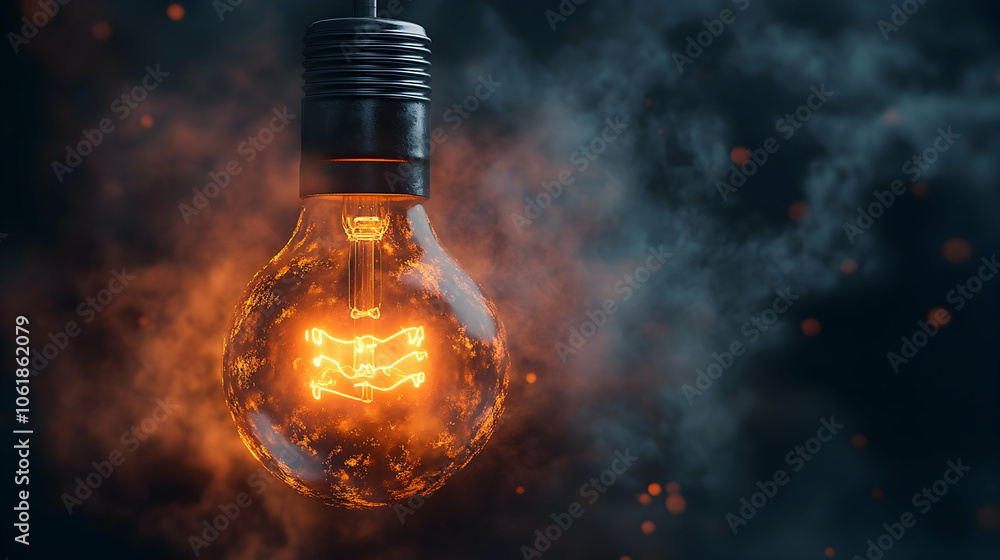 Glowing Light Bulb with Smoke and Sparks, fire, illuminated, idea, inspiration, creativity Glowing Light Bulb with Smoke and Sparks, fire, illuminated, idea, inspiration, creativity