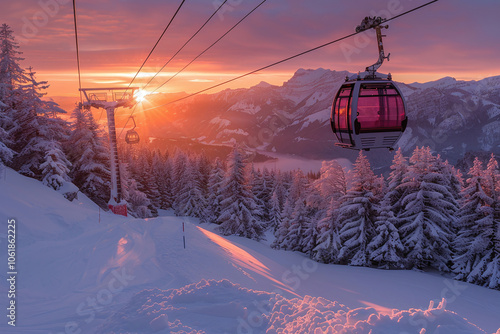 New modern spacious big cabin ski lift gondola stands out against sunset and snowcapped forest trees and mountain peaks covered in snow. Luxurious ski lift on sunset  photo