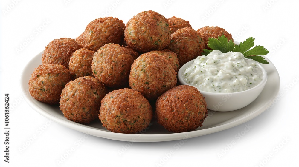 Falafel with Tahini Sauce on a White Plate Falafel with Tahini Sauce on a White Plate