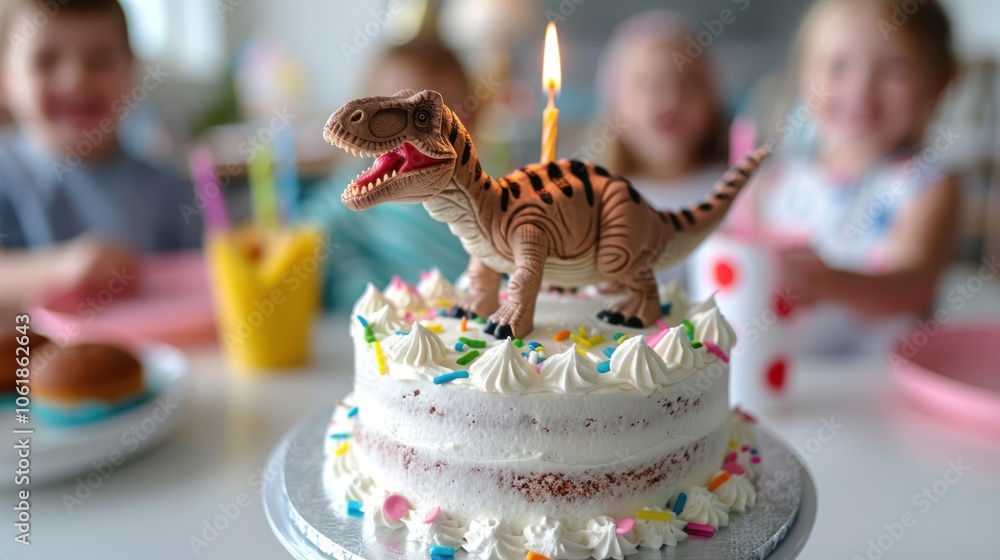A colorful birthday cake topped with a dinosaur toy and a candle, surrounded by children celebrating at a festive party.