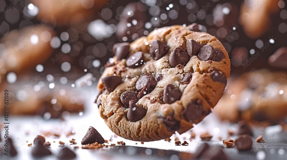 A delightful cookie in mid-air surrounded by scattered cake crumbs, showcasing the joy of baking during a sunny afternoon A delightful cookie in mid-air surrounded by scattered cake crumbs, showcasing the joy of baking during a sunny afternoon