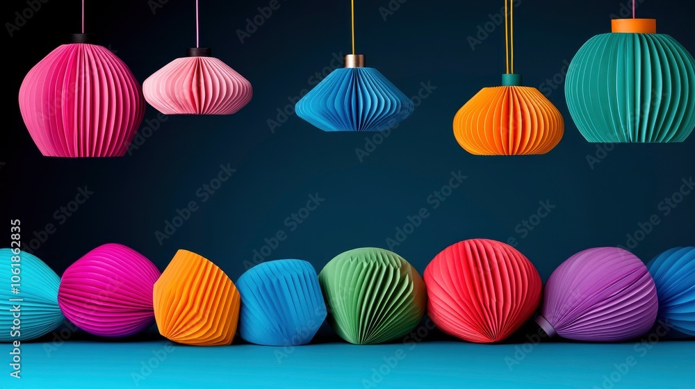 Colorful Paper Lanterns Hanging and Lying on a Blue Background Colorful Paper Lanterns Hanging and Lying on a Blue Background