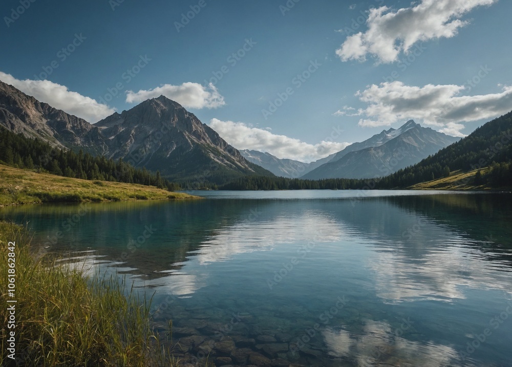 Mountain landscape with a calm lake in the foreground, ideal for travel or outdoor adventure images
Mountain landscape with a calm lake in the foreground, ideal for travel or outdoor adventure images