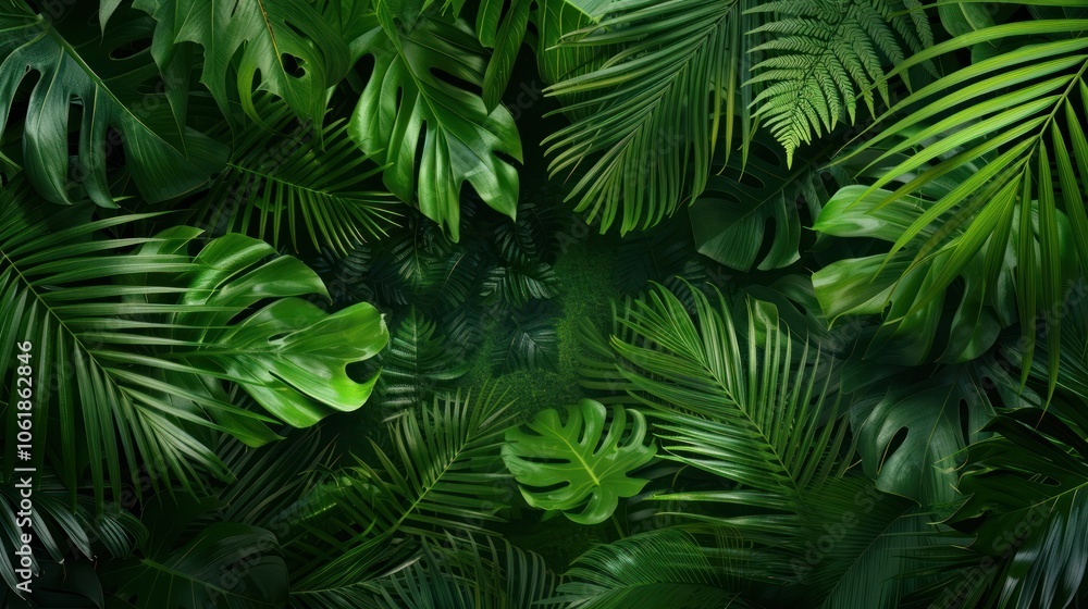 A vibrant display of lush green tropical leaves, creating a dense and textured foliage background. A vibrant display of lush green tropical leaves, creating a dense and textured foliage background.