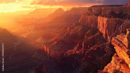 Dramatic sunset casts golden light across canyon cliffs highlighting rugged terrain and vast landscapes photo