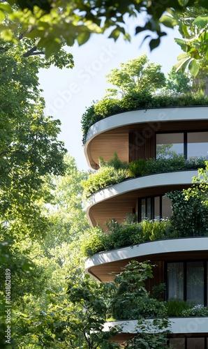 Modern apartment building with lush green balconies and trees in the background.