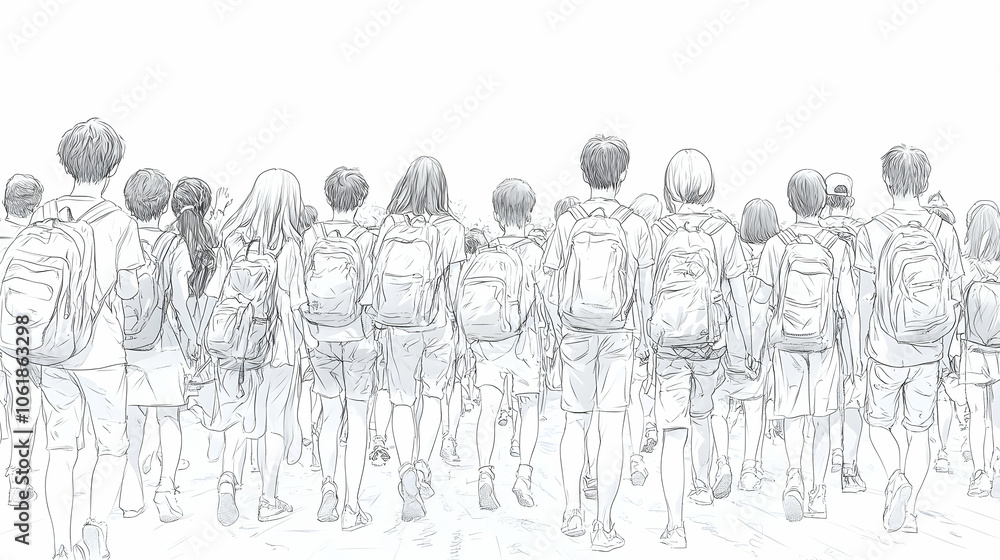 Students Walking Away with Backpacks, school, education, group, crowd, back view Students Walking Away with Backpacks, school, education, group, crowd, back view