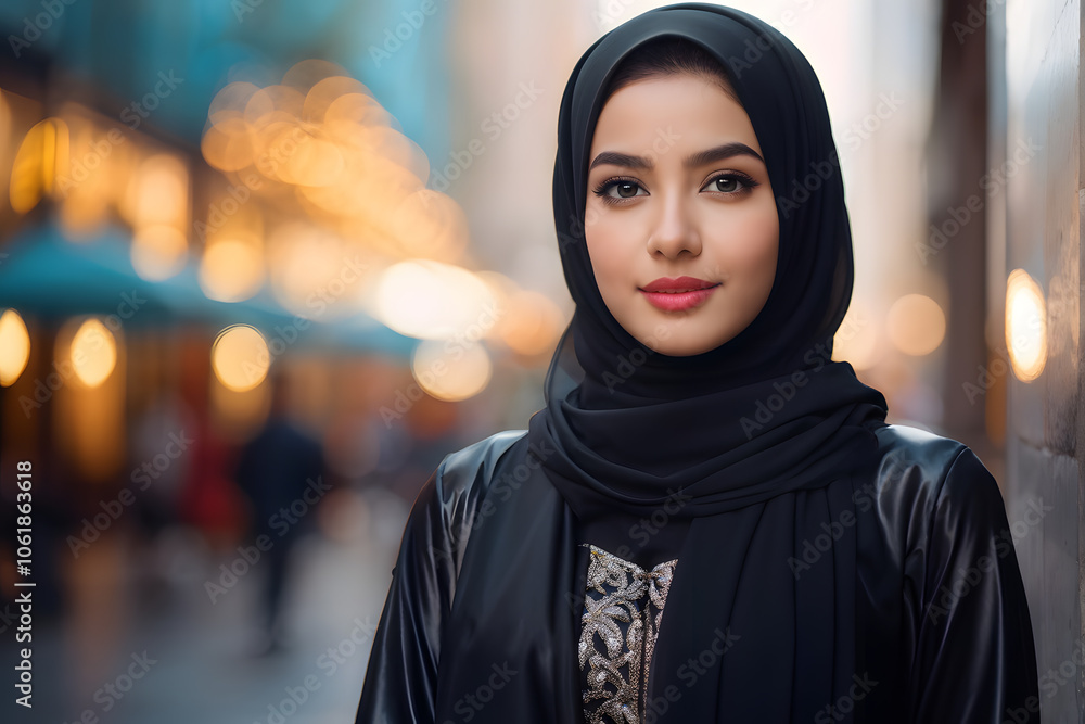 A woman wearing a black scarf and a black jacket stands in front of a building A woman wearing a black scarf and a black jacket stands in front of a building