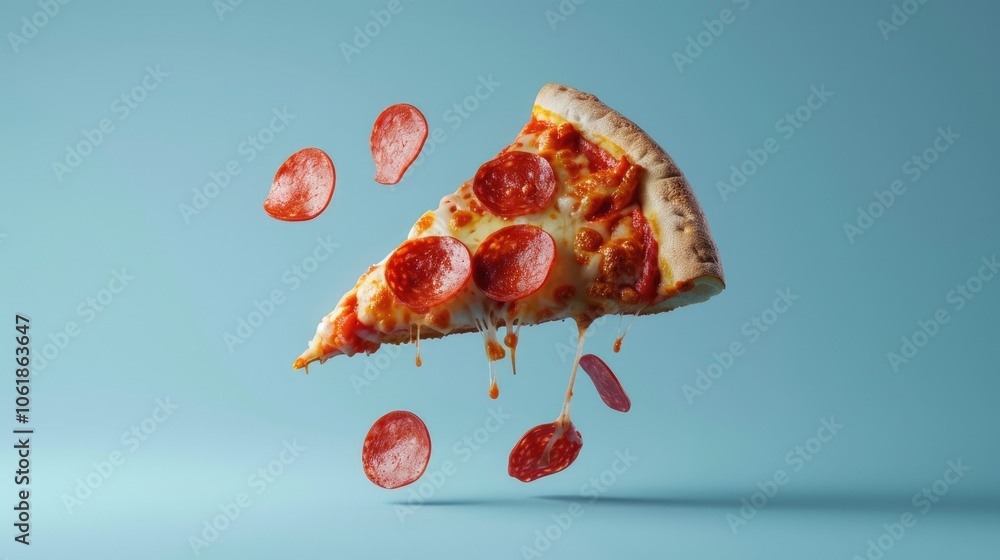 Fototapeta premium Playful pepperoni pizza slice adds quirky energy to digital content