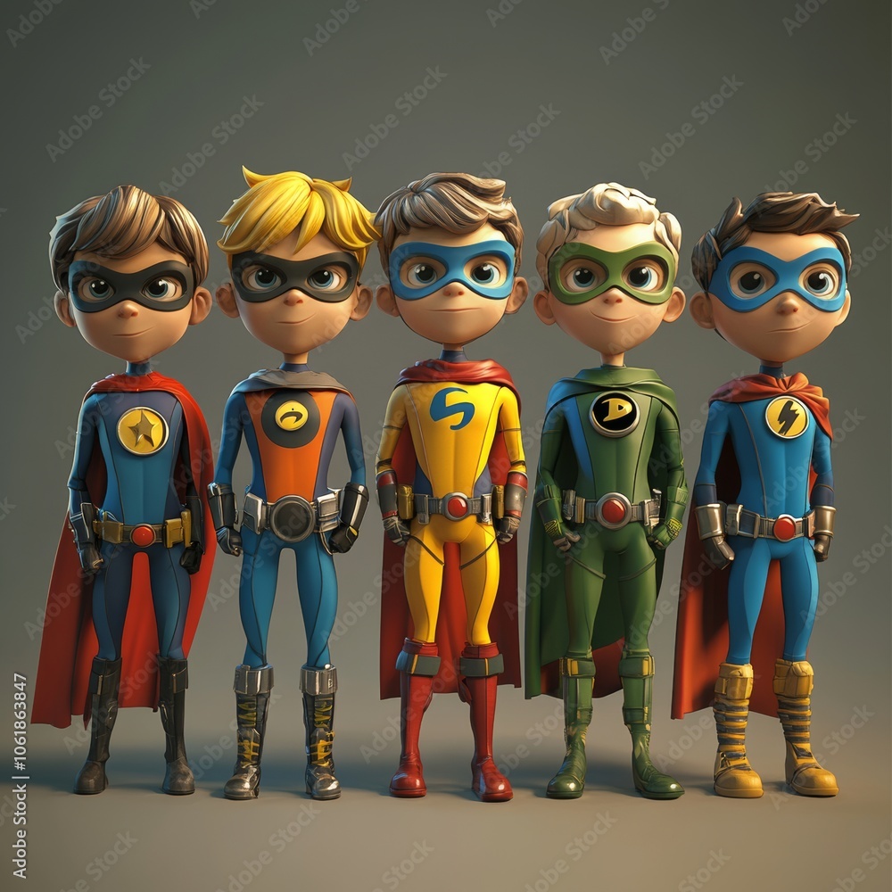 Naklejka premium Five Superhero Kids in Colorful Costumes