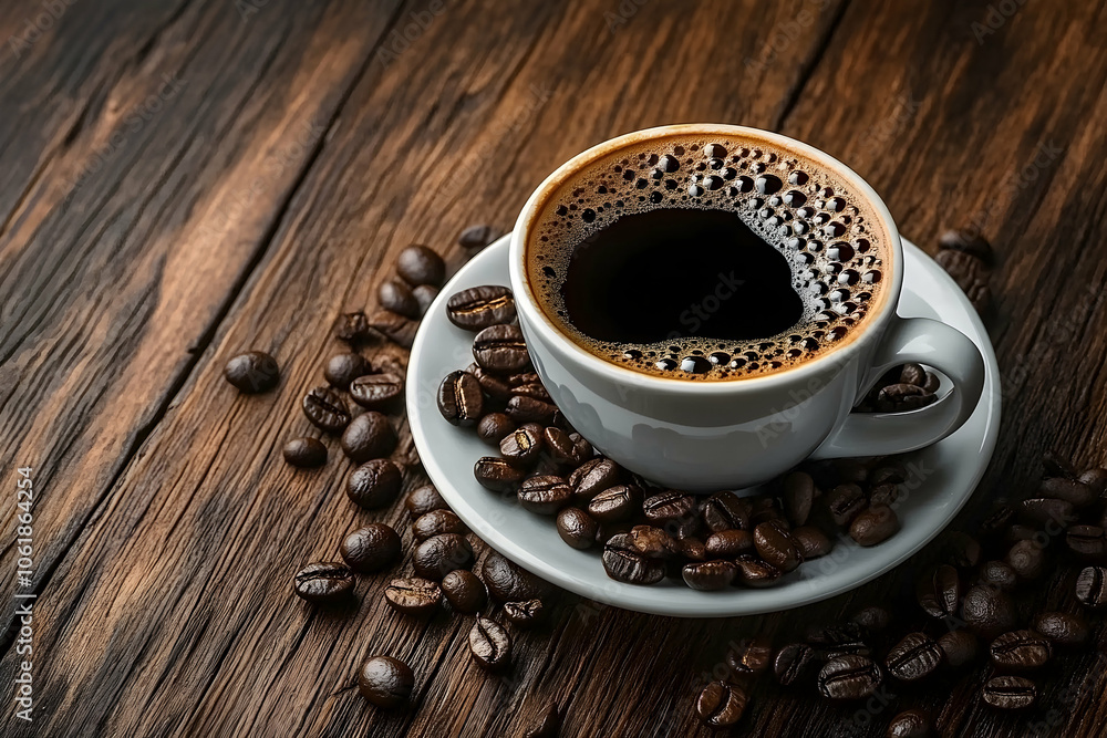 Cup of coffee with coffee beans on wooden table, saucer, dark, black, brown, morning Cup of coffee with coffee beans on wooden table, saucer, dark, black, brown, morning