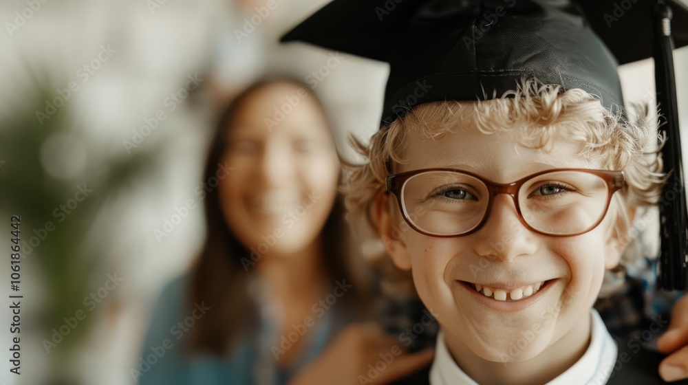 Fototapeta premium A happy child in a graduation cap smiles brightly while a supportive adult stands behind, celebrating this milestone moment.