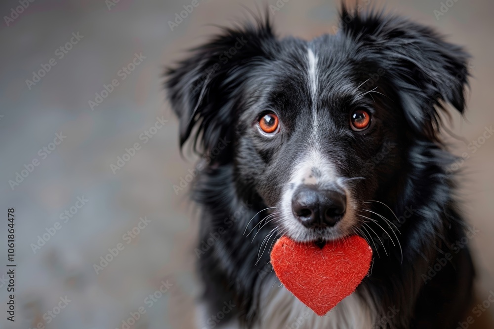 Adorable border collie puppy holding a plush red heart in its mouth, celebrating love and affection on St. Valentine's Day Adorable border collie puppy holding a plush red heart in its mouth, celebrating love and affection on St. Valentine's Day