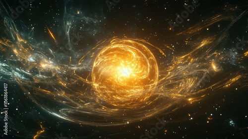 A conceptual illustration depicting the Higgs boson particle at the heart of the universe in a cosmic background photo