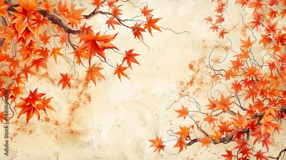 Elegant ukiyo e inspired design of maple leaves and water chestnut vines in autumn colors Elegant ukiyo e inspired design of maple leaves and water chestnut vines in autumn colors