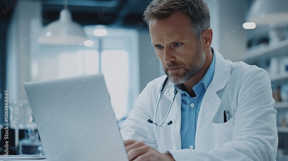 A doctor working on a laptop in an office. A doctor working on a laptop in an office.