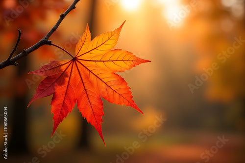 Maple leaf in autumn colors, attached to a branch against the background of a blurred autumn forest