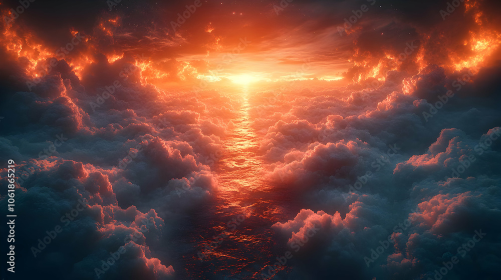 Fiery Sunset Over Cloudscape Illustration Fiery Sunset Over Cloudscape Illustration