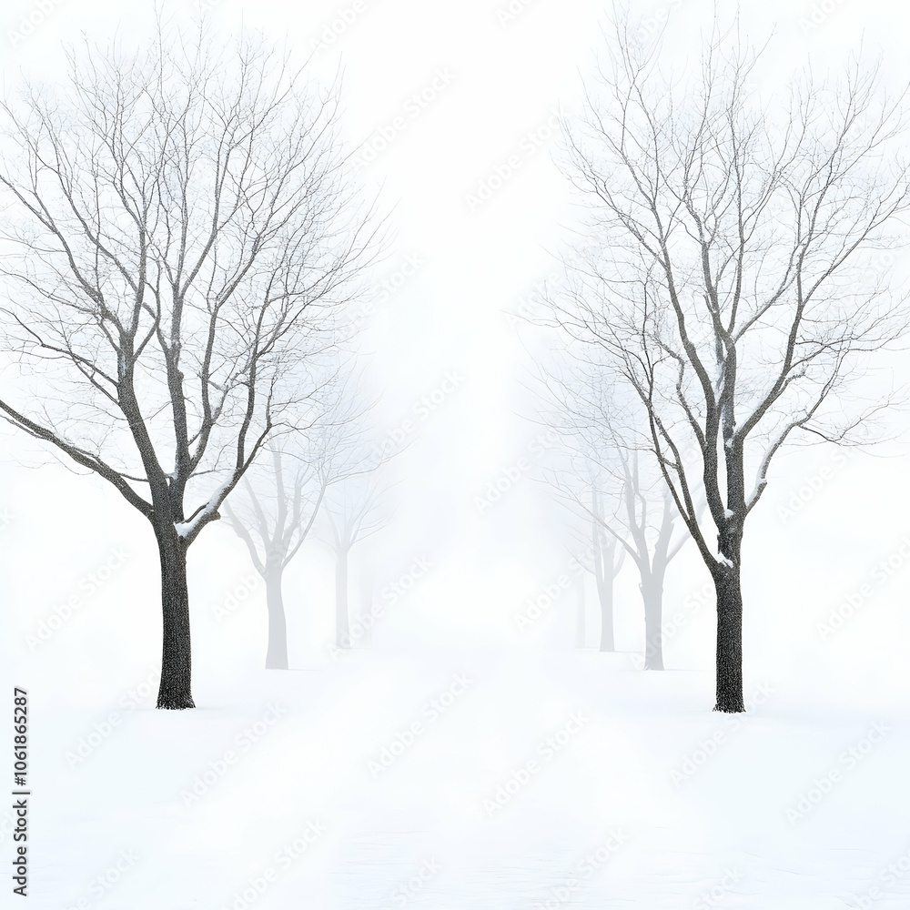 Trees in Foggy Winter Landscape, snow, bare trees, branches, frost, cold Trees in Foggy Winter Landscape, snow, bare trees, branches, frost, cold