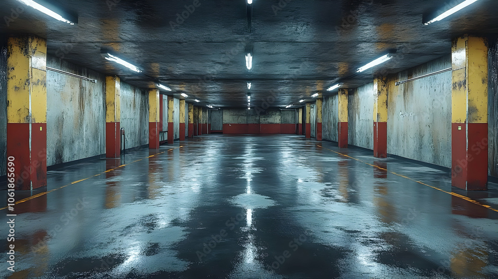 Empty Wet Underground Parking Garage 3D Illustration Empty Wet Underground Parking Garage 3D Illustration