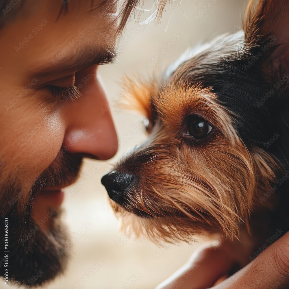 A man smiles warmly as he gently pets his small dog in a cozy indoor setting during the late afternoon A man smiles warmly as he gently pets his small dog in a cozy indoor setting during the late afternoon