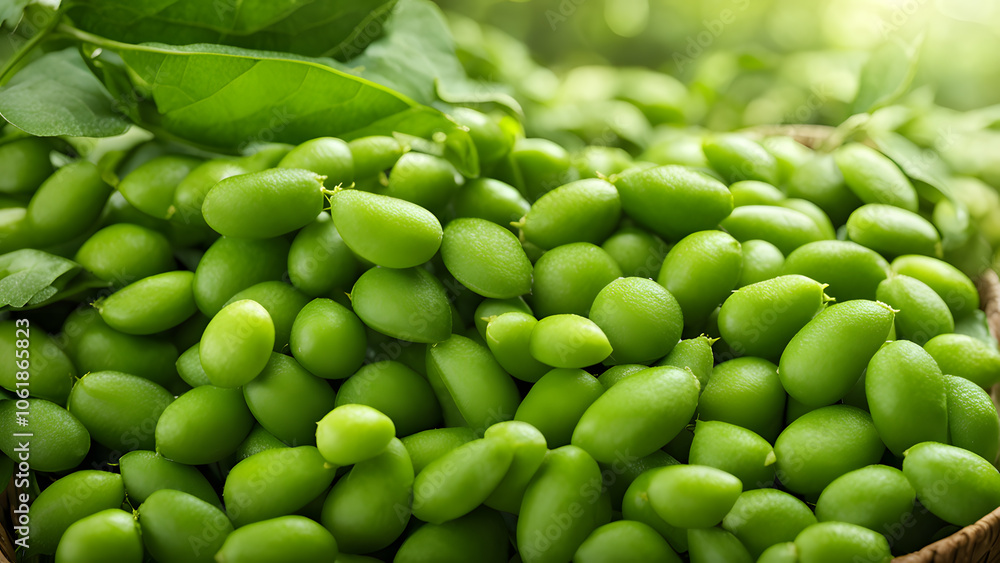 A basket full of green, unripe green beans A basket full of green, unripe green beans