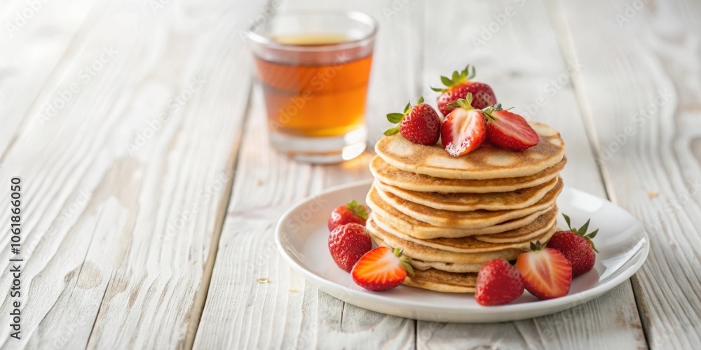 A stack of fluffy pancakes, adorned with fresh strawberries, rests on a white plate, beside a glass of amber liquid, all set upon a wooden tabletop. A stack of fluffy pancakes, adorned with fresh strawberries, rests on a white plate, beside a glass of amber liquid, all set upon a wooden tabletop.