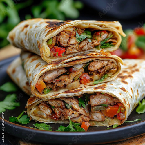 Saftiges usbekisches Shawarma mit gegrilltem Fleisch, frischem Gemüse und hausgemachter Sauce in Fladenbrot. Authentische orientalische Street Food Spezialität. Food-Fotografie photo